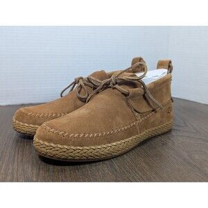 NEW UGG Woodlyn Moccasin Loafers Womens 6 Tan Brown Suede Stitching Lace Up Logo